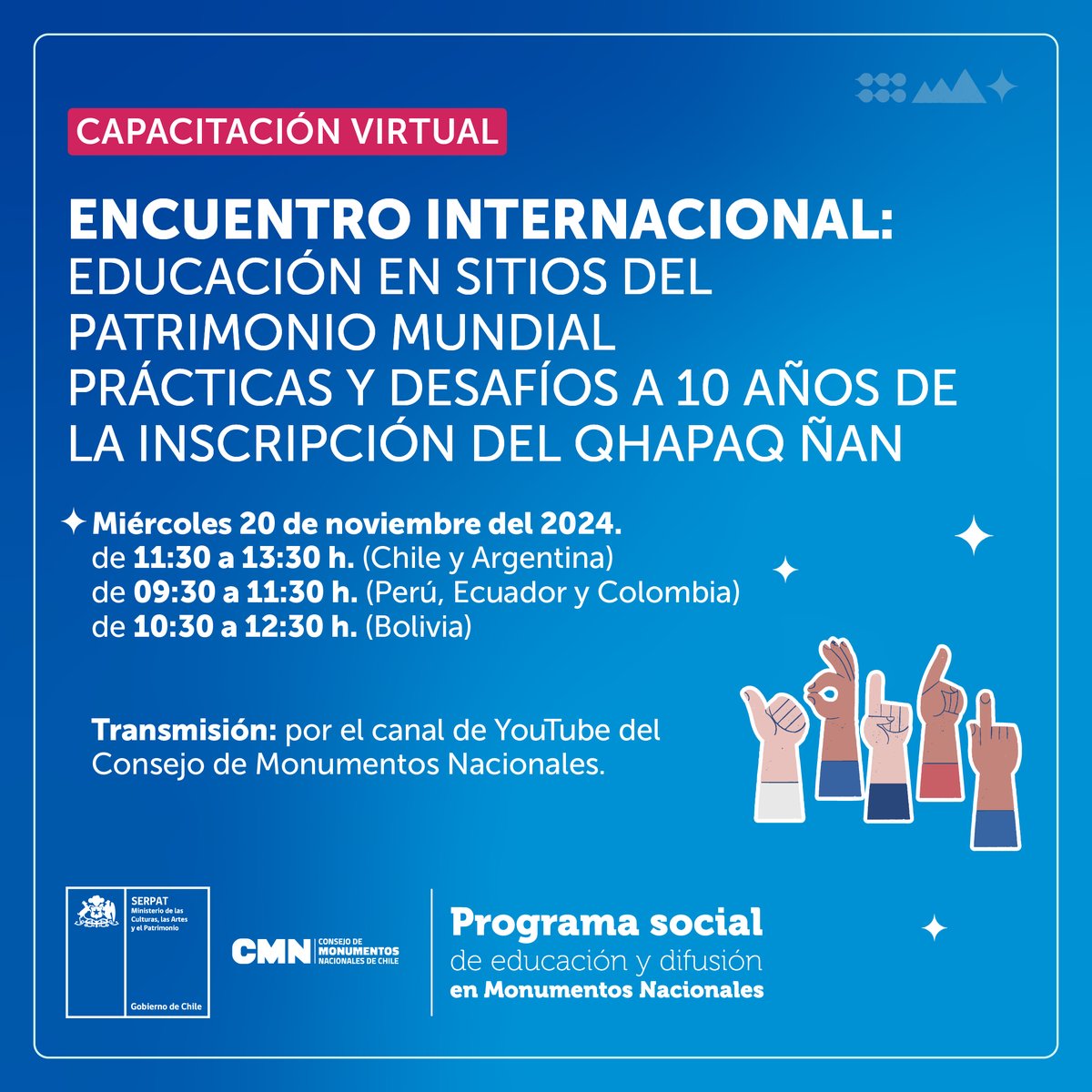 Educación en Sitios de Patrimonio Mundial con Victoria Sosa y Gabriela Lapalma.

🗓 20/11 | 🕚 11 h (ARG)
💻 Transmisión en vivo por YouTube (CMN)

Inscribite acá: forms.gle/3cUUP6aD49ZGE9…

#Educación #QhapaqÑan #PatrimonioMundial #INAPL