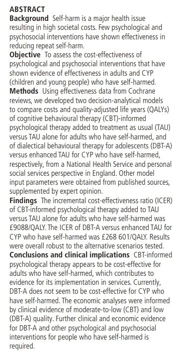 BMJMentalHealth's tweet photo. 🔊*New Research*
This article is about the cost-effectiveness of #psychological & #psychosocial #interventions for #adults, #children, & young people who have #selfharmed
To access the full article, please use the link below:https://t.co/KPRoCdqln1 https://t.co/pYGQc6SmNe