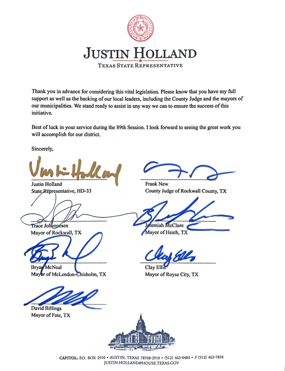 justinaholland's tweet photo. Today, I joined Rockwall’s municipal and county leaders in sending a letter to Rep-Elect @KatrinaPierson. We stand united to keep special districts fair for our citizens and urge her to prefile a new version of HB 1916, which I passed in 88(R). #TXLEGE #MUDs https://t.co/U3XtEo07qR