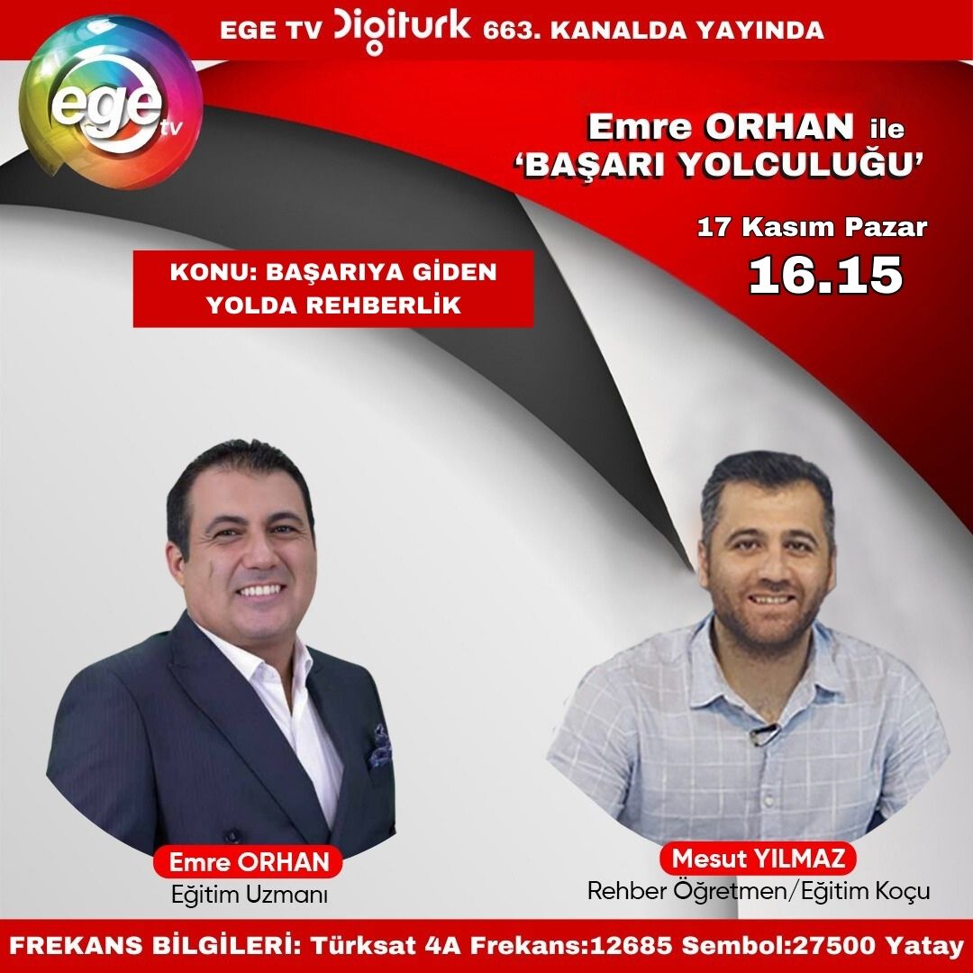 eorhanile's tweet photo. 17 Kasım Pazar saat 16.15'te EGE TV ekranlarında canlı olarak yayınlanacak olan Emre Orhan ile Başarı Yolculuğu programında Başarıya Giden Yolda Rehberlik başlığını Rehber Öğretmen /Eğitim Koçu Mesut Yılmaz ile konuşacağız. @mymkocluk
#eorhan @eorhanile #eorhanilebaşarıyolculuğu https://t.co/vvkvQLtTPf