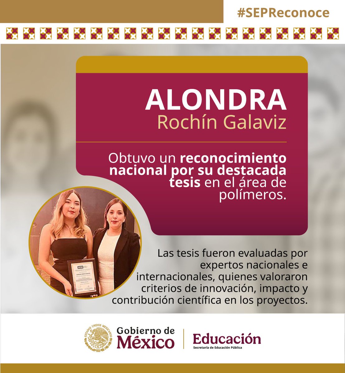 SEP_mx's tweet photo. #SEPReconoce a la egresada del #ITTijuana, Alondra Rochín Galaviz, quien ganó un premio en el XXXVII Congreso Nacional de la Sociedad Polimérica de México 🇲🇽💡 por su innovadora tesis en el área de polímeros.¡Enhorabuena! 👏
Conoce más: https://t.co/OUacyDjdSN https://t.co/48F937b9DB