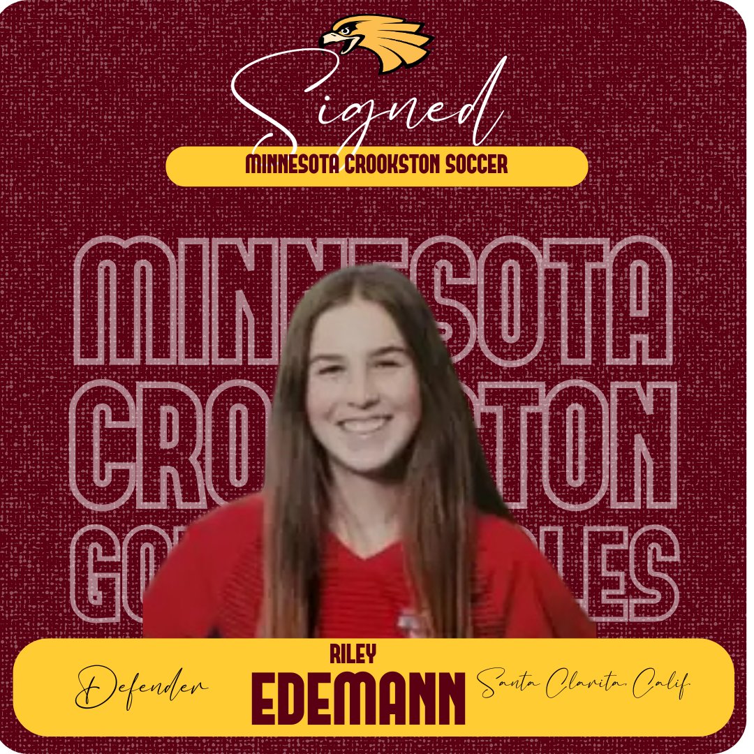 Golden Eagle Sports (@umncrookstonath) on Twitter photo We are elated to announce the signing of Riley Edemann (D, 5-8, Santa Clarita, Calif./Hart H.S.) to play for <a href="/UMNCrookstonSOC/">Golden Eagle Soccer</a>. Riley helped to her team to the Region Championship and Conference Championship. Welcome to Golden Eagle Nation Riley! We are elated to announce the signing of Riley Edemann (D, 5-8, Santa Clarita, Calif./Hart H.S.) to play for <a href="/UMNCrookstonSOC/">Golden Eagle Soccer</a>. Riley helped to her team to the Region Championship and Conference Championship. Welcome to Golden Eagle Nation Riley!