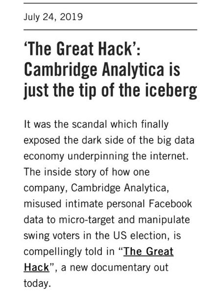 kristine_kenyon's tweet photo. @peterjukes They never stopped microtargeting us, they just took it on the DL. 8 yrs ago they had 5,000 data pts on EVERY VOTER. Imagine what they can do now. #TheGreatHack https://t.co/jf9NZRKBQt