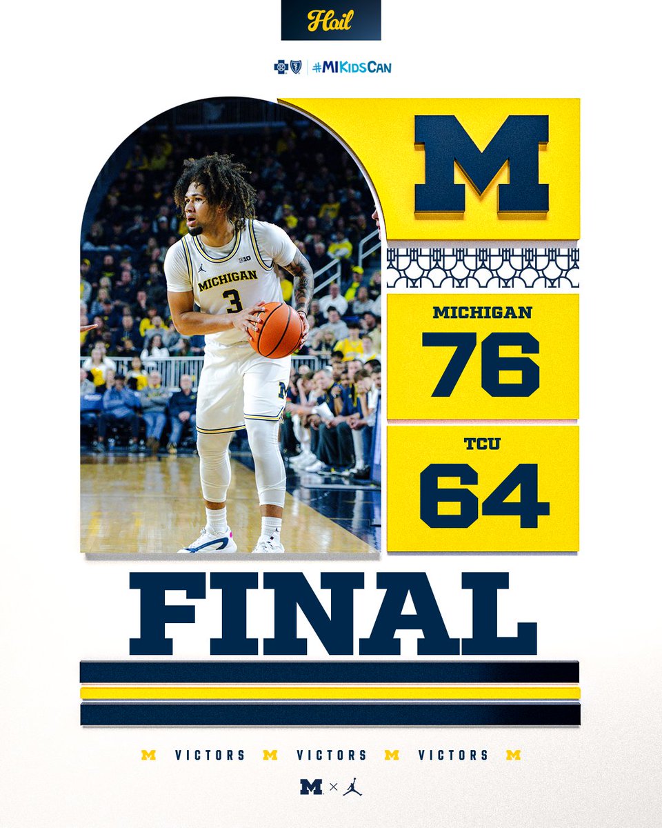 umichbball's tweet photo. Friday Night Victory 🔥

Burnett: 16p | 6-7 FG | 3-4 3FG
Donaldson: 14p | 3a | 5-9 FG
Wolf: 14p | 14r | 6-11 FG

#GoBlue https://t.co/s4zCfZaWad