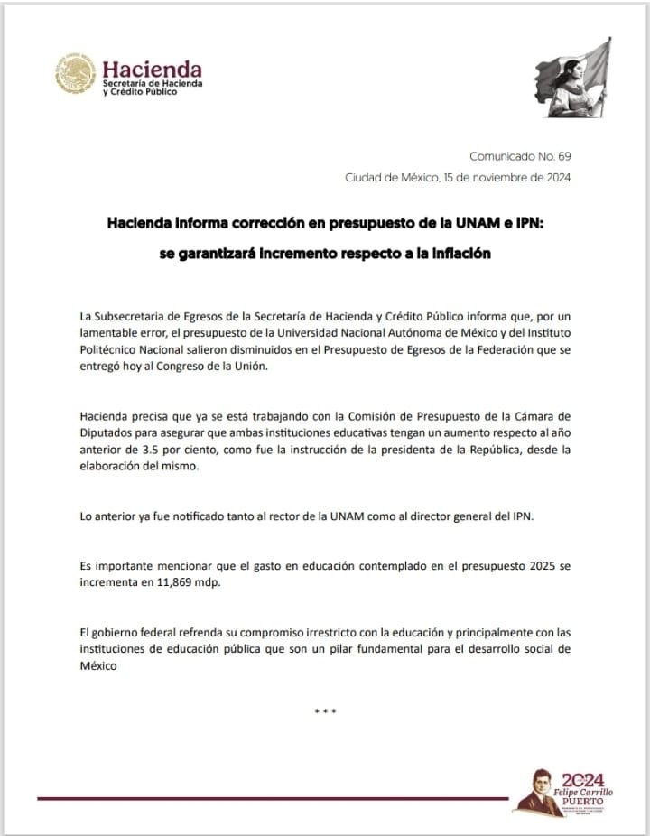Hacienda_Mexico's tweet photo. Hacienda informa corrección en presupuesto de la UNAM e IPN; se garantizará incremento respecto a la inflación https://t.co/oTCT6RJaAZ