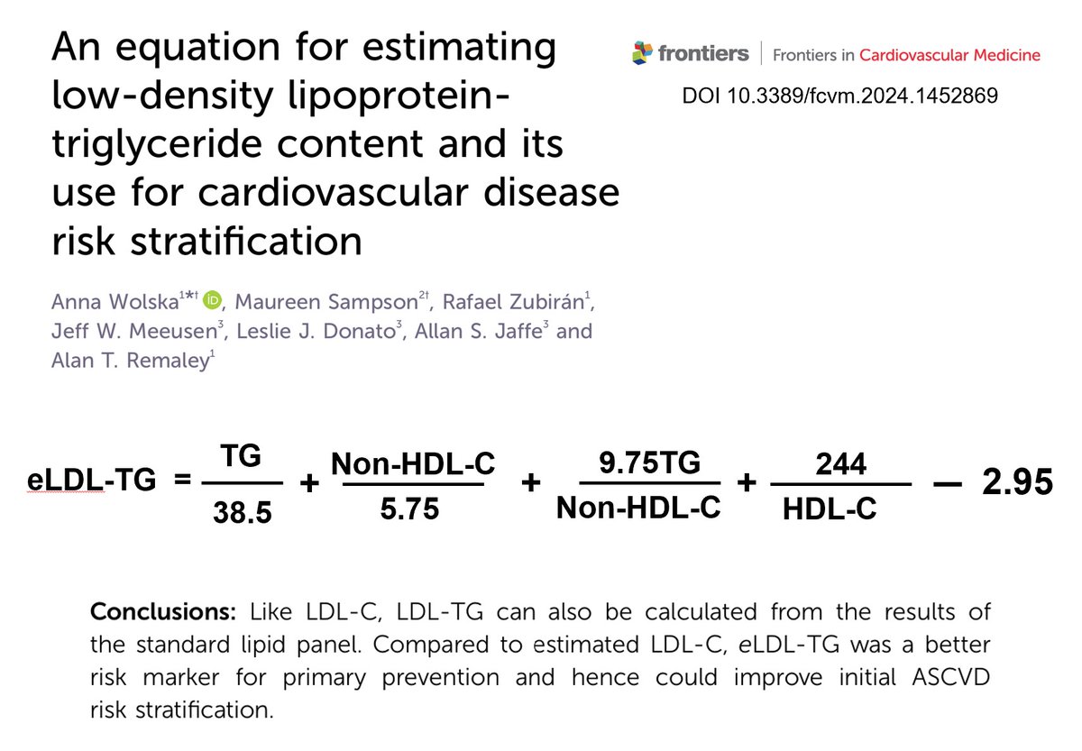 For almost 20 years we have known that LDL-TG concentration is a much better CV-risk marker than is LDL-C. Now, developed by the brilliant lipid team at the Lipoprotein Metabolism Laboratory, Translational Vascular Medicine Branch, NHLBI, NIH, there is an easy way to estimate it