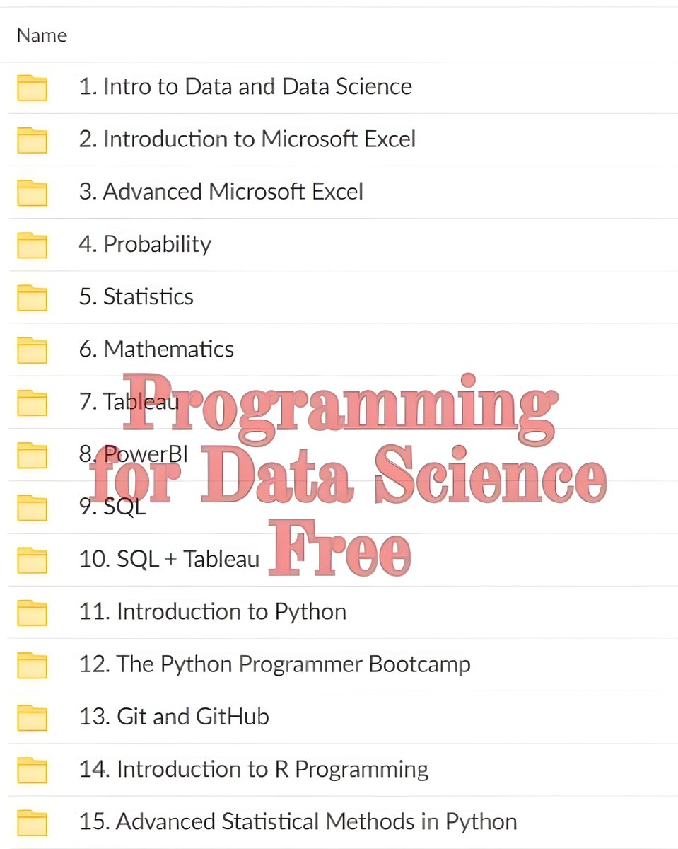 Access 15 FREE Courses!

▻Microsoft Excel
▻Pro Excel
▻Probability
▻Statistics
▻Mathematics
▻Tableau
▻PowerBI
▻SQL
▻SQL + Tableau
▻Python
▻Programmer 
▻Bootcamp
▻Git &amp; GitHub

Just do -

Like &amp; Repost + Reply “FREE” or Check DM✉️

Make Sure You Follow 👉 <a href="/Tech_Marsha/">Frances Marsha</a>