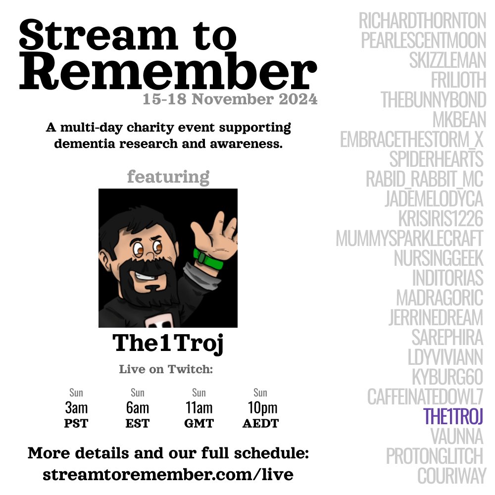 The1Troj's tweet photo. #StreamToRemember has begun and I am patiently waiting in the dugout hehe. 50 hours. 30 streamers. Raising $10k for dementia research. https://t.co/q5waS4irFR