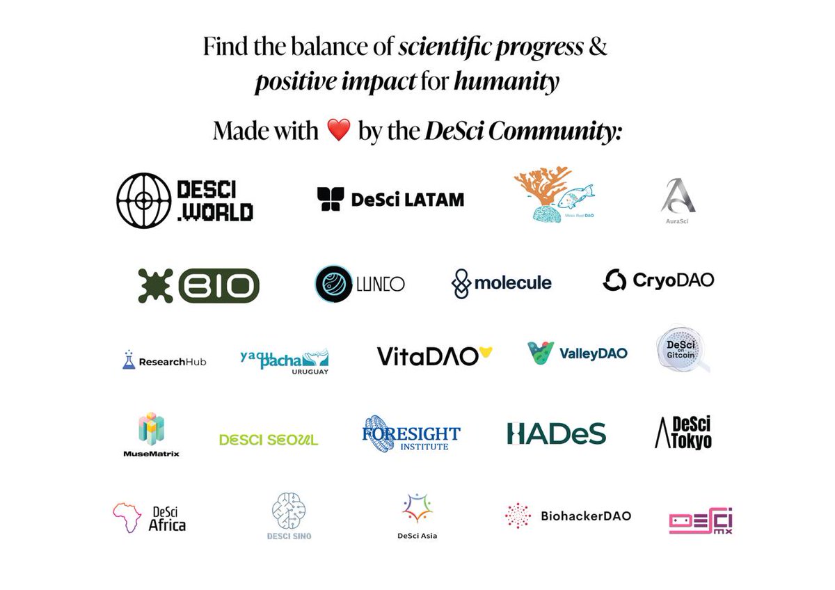 Thank you <a href="/EFDevcon/">Devconnect ARG</a> for giving the space that made decentralized science visible 🧬

And special thanks to all the communities and projects who supported this initiative and made it possible ❤️

<a href="/DeSciWorld/">DeSciWorld</a> <a href="/MesoReefDAO/">MesoReef DAO 🌊🪸🐠✨</a> <a href="/Aura_Sci/">AuraSci</a> @bioprotocol <a href="/LunCoSim/">LunCo.eth(🌍🚀🌖)</a> <a href="/Molecule_dao/">Molecule</a> <a href="/cryodao/">CryoDAO</a>