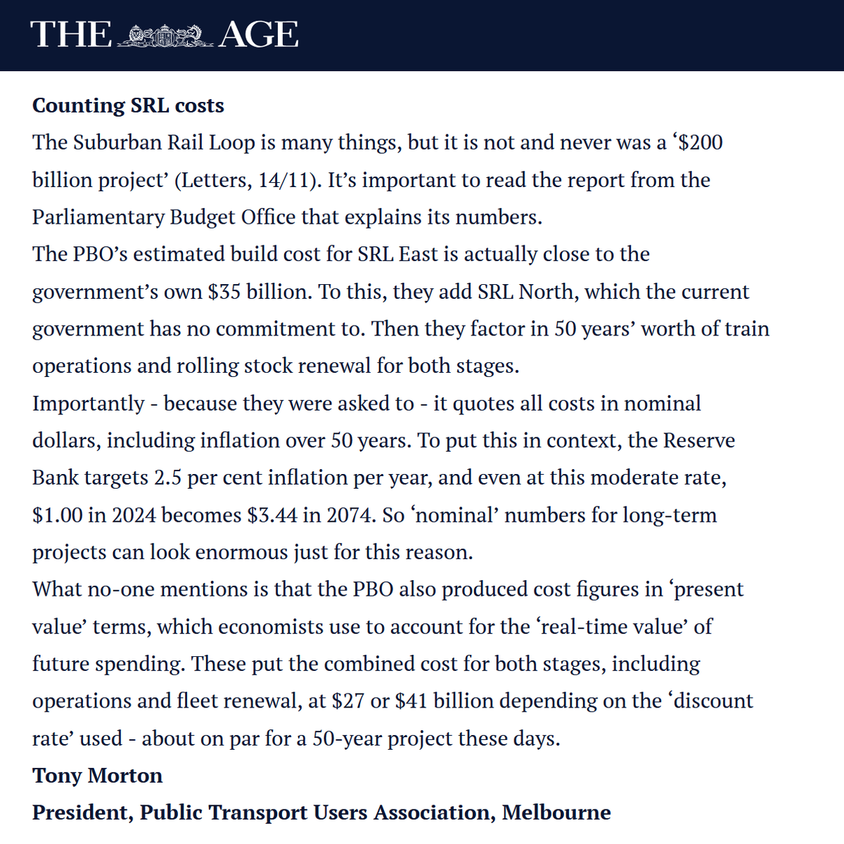 ptua's tweet photo. 🚇The Suburban Rail Loop is many things, but it's not a $200 billion project. It looks big because the detractors like to quote cost estimates in nominal dollars - which add 50 years of inflation. Our letter in yesterday's Age. #Melbourne #PublicTransport https://t.co/uURSsm2KwA