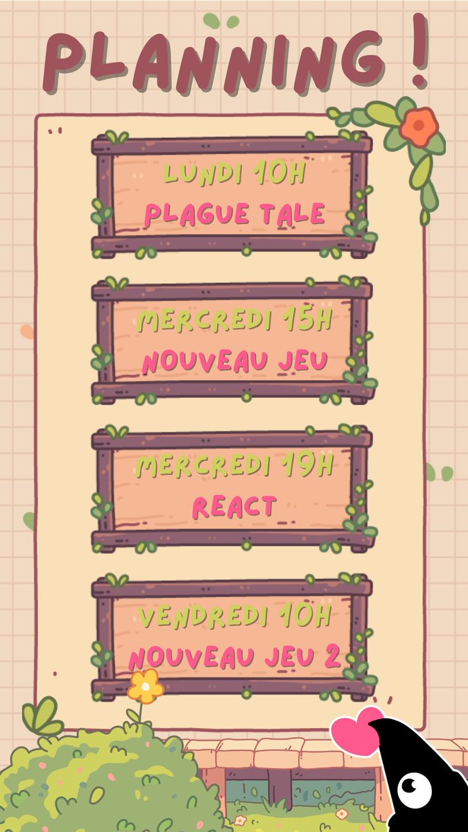 🇬🇧 Damn ! It's almost time to get back to streaming ! But first, here, take the schedule !

🇫🇷 Hey mais... le planning ! Non parce que je reprends mon bazar à un moment moi ! 

Alt text both in French and in English