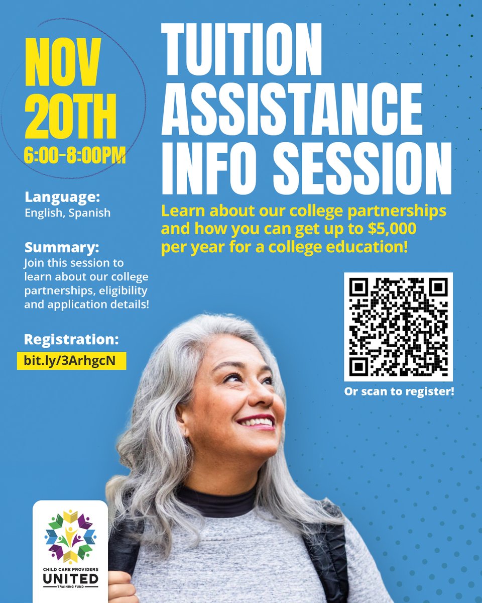 ccputrainingfnd's tweet photo. Child Care Providers: The CCPU Training Fund offers up to $5,000 per year for career-related classes! Don’t miss our final info session of the year on Nov 20 at 6 PM. Learn how to apply and more! 

Register here: https://t.co/TSDAI2RppK https://t.co/sIdABCFX0x