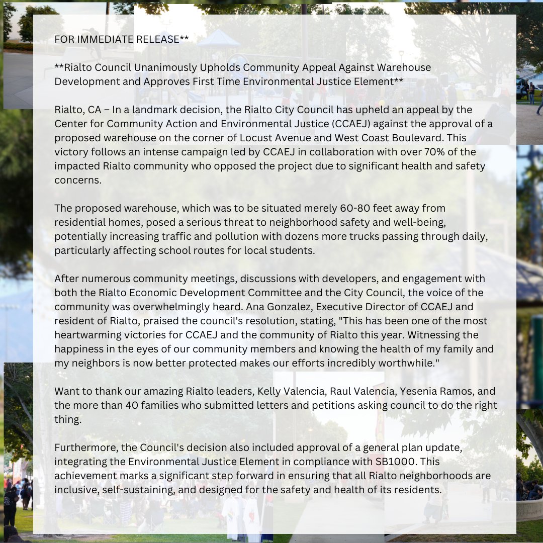 **FOR IMMEDIATE RELEASE**
**Rialto Council Unanimously Upholds Community Appeal Against Warehouse Development and Approves First-Time Environmental Justice Element**

Full Press Release: ccaej.org/post/rialto-co…