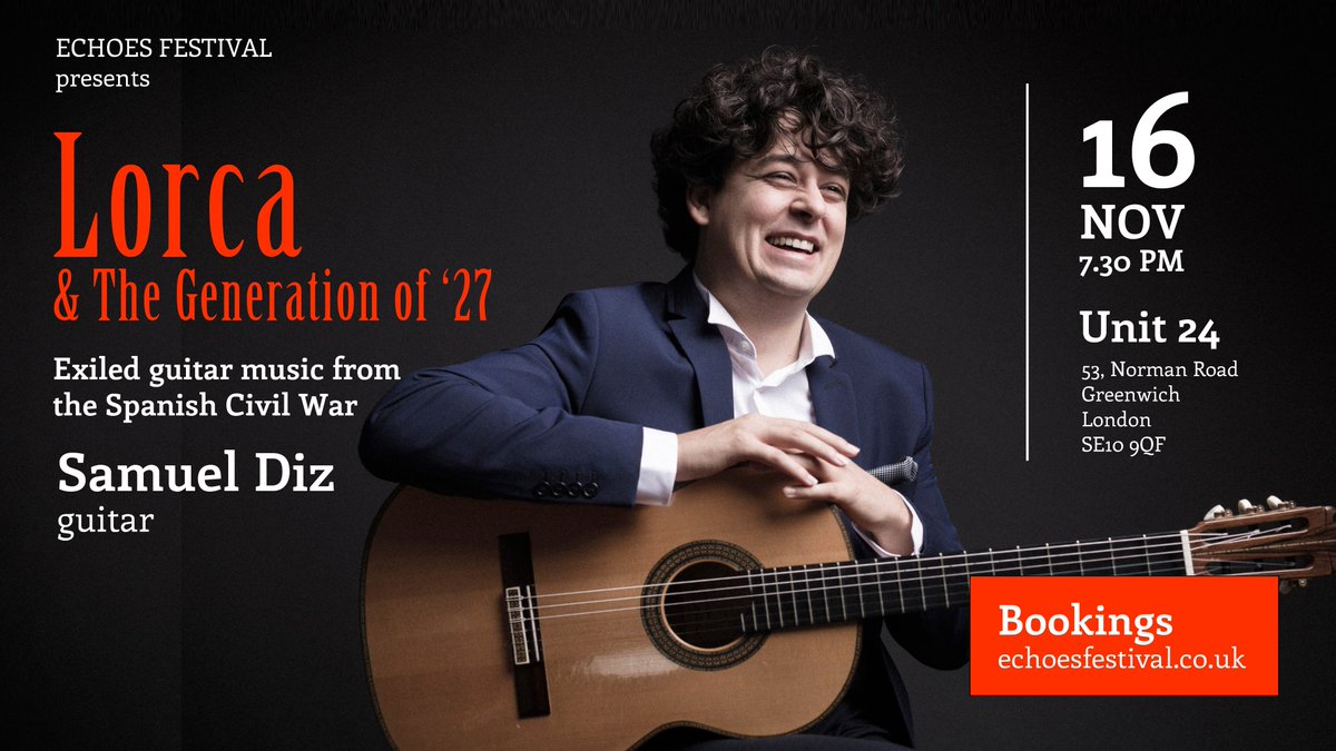 ILAMS (@ilamsuk) on Twitter photo ECHOES FESTIVAL London kicks off today with a very special recital by Spanish classical guitarist <a href="/SamuelDiz/">Samuel Diz</a>, making his much-awaited London debut at the capital's newest venue, Unit 24.
Saturday 16th Nov @ 7.30pm
Unit 24, 53, Norman Road, Greenwich, London, SE10 9QF
'Diz ECHOES FESTIVAL London kicks off today with a very special recital by Spanish classical guitarist <a href="/SamuelDiz/">Samuel Diz</a>, making his much-awaited London debut at the capital's newest venue, Unit 24.
Saturday 16th Nov @ 7.30pm
Unit 24, 53, Norman Road, Greenwich, London, SE10 9QF
'Diz