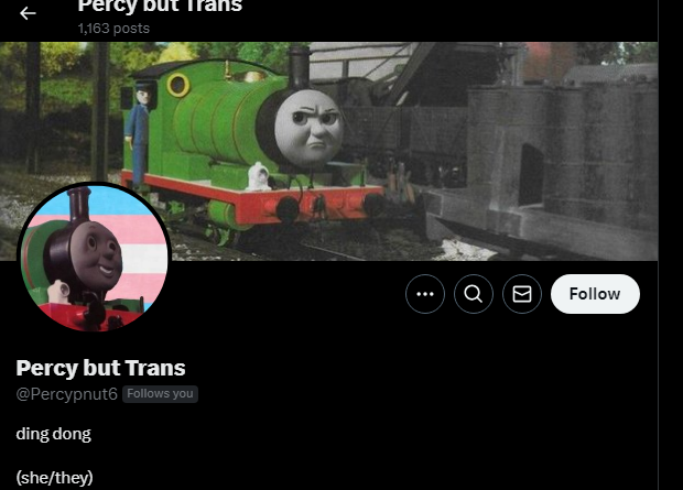 4RailwayEngines's tweet photo. Holy fucking shit Trans Icon Percy followed me this is the best day ever https://t.co/9Z31IOP2uK