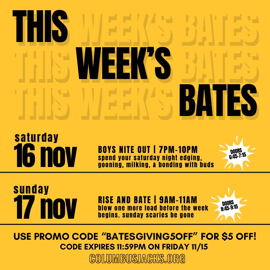 ⏰ Only four hours left! 
♣️ Use the code "BATESGIVING5OFF" to get $5 off one of our weekend bates! 
🚨 Offer expires at 11:59pm TONIGHT, Friday 11/15 
🔗 columbusjacks.org