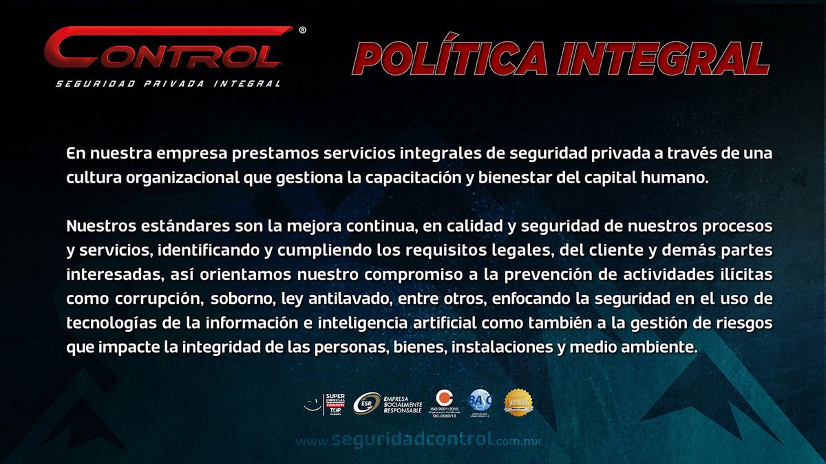 segcontrol's tweet image. En Control tenemos políticas y procesos. Te invitamos a conocer nuestra política integral. Porque en Control estamos comprometidos por ofrecer servicios integrales de seguridad con calidad.

#PolíticaControl #YoSoyControl #FamiliaControl #SeguridadPrivada