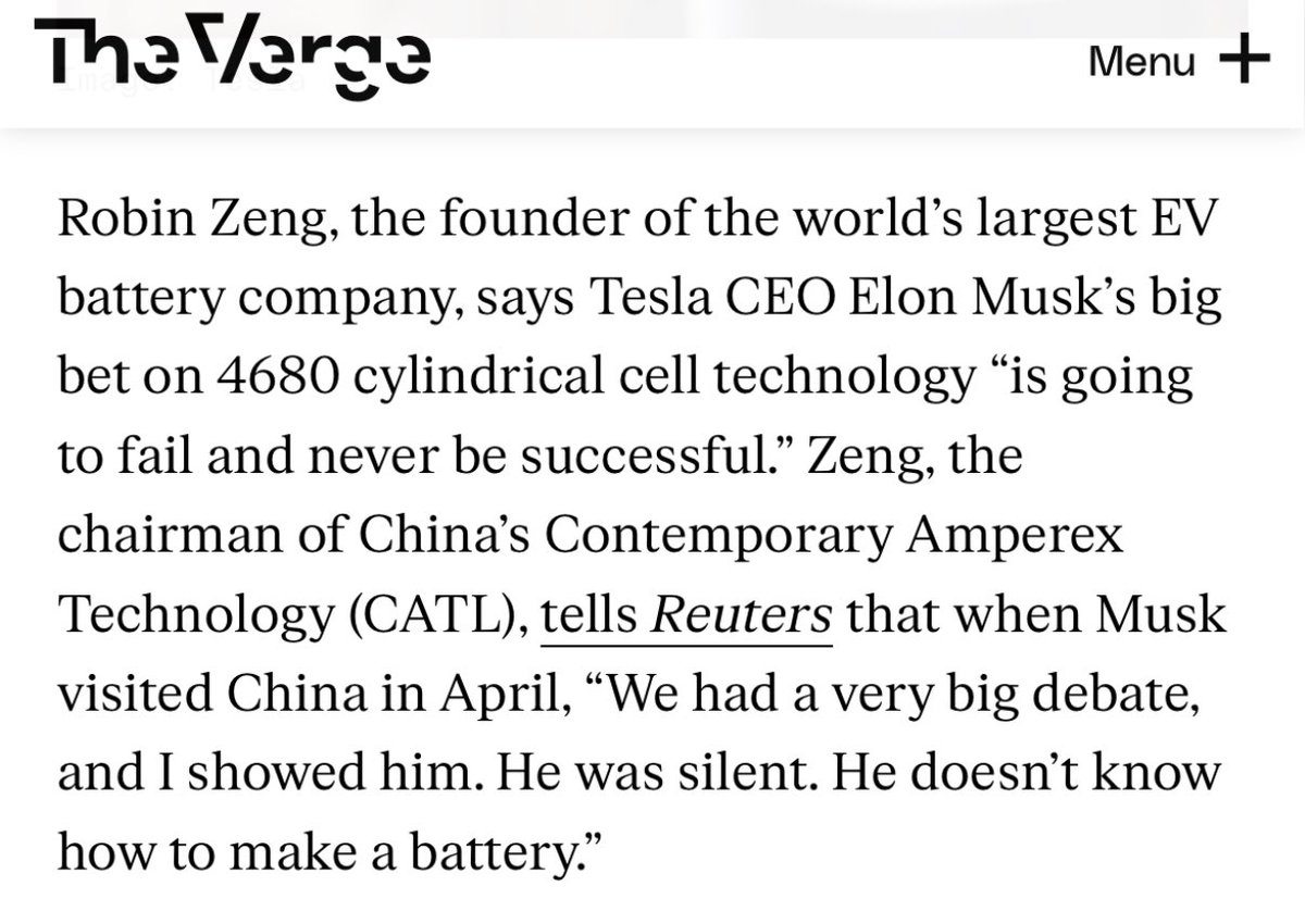 wholemars's tweet photo. Never tell Elon what he can’t do 😂

It just eggs him on. CATL’s insecurity is telling. Their batteries are no longer available on US Teslas https://t.co/ez4StGCNOT