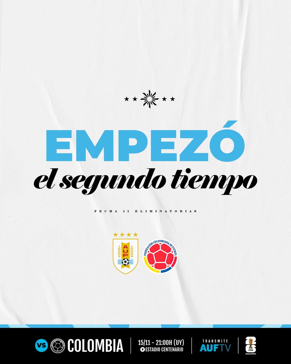 ⏯️ ¡𝗘𝗠𝗣𝗘𝗭𝗢́ 𝗘𝗟 𝗦𝗘𝗚𝗨𝗡𝗗𝗢 𝗧𝗜𝗘𝗠𝗣𝗢!

<a href="/Uruguay/">Selección Uruguaya</a> 0-1 <a href="/FCFSeleccionCol/">Selección Colombia</a> 

📌 Eliminatorias Copa Mundial de la FIFA 26™️ 

📺 AUF.TV

#ElEquipoQueNosUne