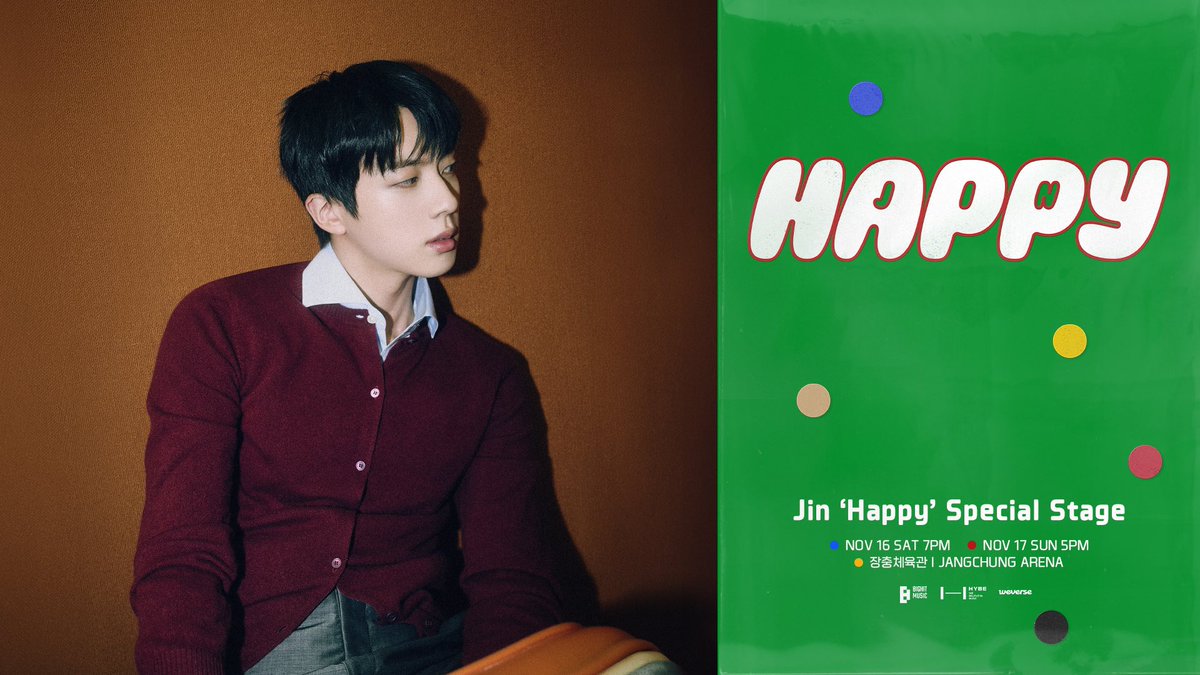 diamondjinbr's tweet photo. 🎉 Amanhã, sábado, tem o primeiro dia do "Happy Special Stage" na Jangchung Arena!
Teremos a apresentação exclusiva de músicas de "Happy" preparadas apenas para os fãs de #Jin 😍

🗓️ 16 de Novembro, sábado
⏰️ 7h (manhã) BRT 🇧🇷

*Os stages serão transmitidos ao vivo no Weverse! https://t.co/xKjETuRigc
