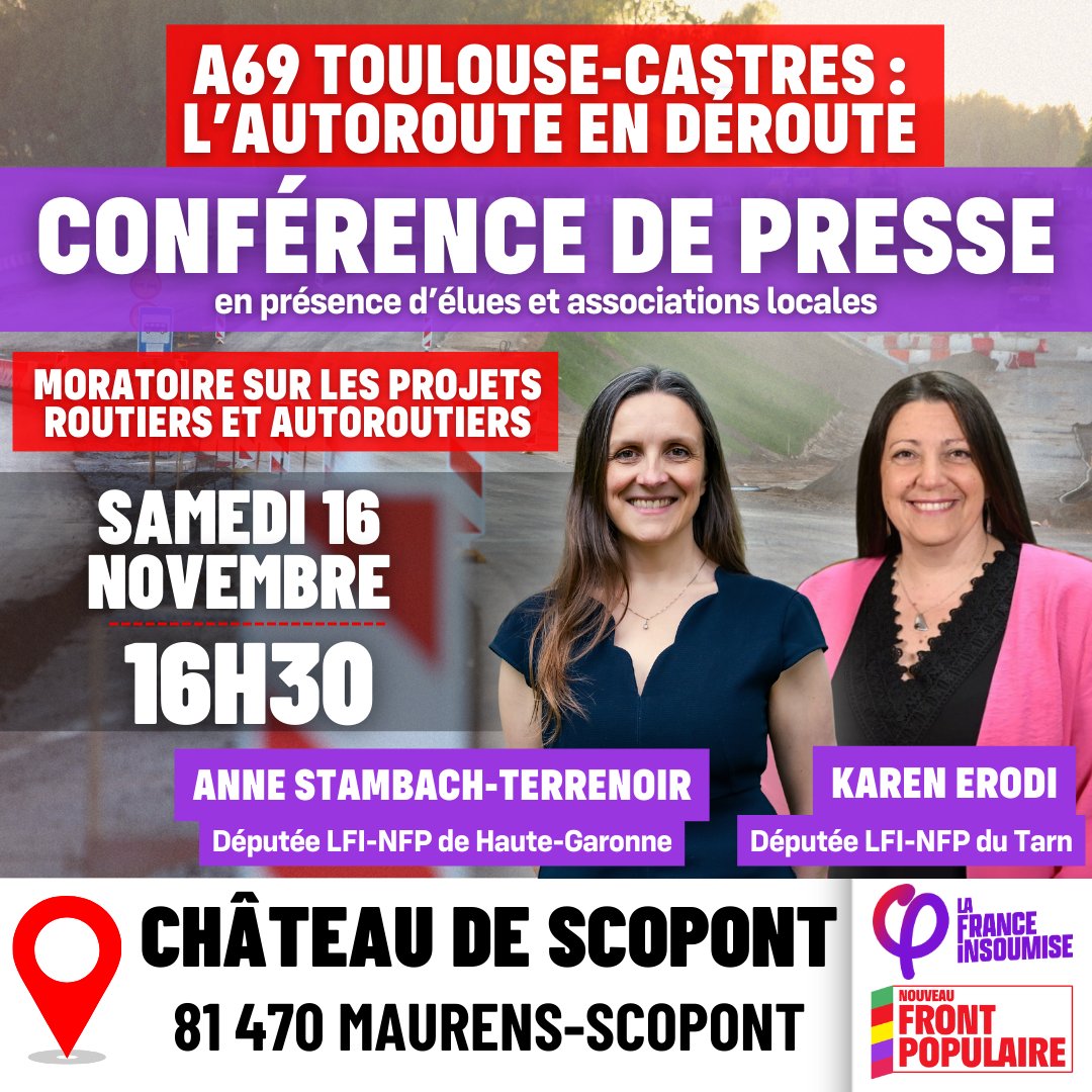 📢𝑴𝒐𝒓𝒂𝒕𝒐𝒊𝒓𝒆 𝑨69: 𝑪𝒐𝒏𝒇𝒆́𝒓𝒆𝒏𝒄𝒆 𝒅𝒆 𝒑𝒓𝒆𝒔𝒔𝒆
RDV Demain pour parler de notre proposition de loi "moratoire sur les projets routiers &amp; autoroutiers" proposée lors de notre niche parlementaire du 28 novembre
#nichelfi #nomacadam
#moratoireroutes 
#moratoirea69