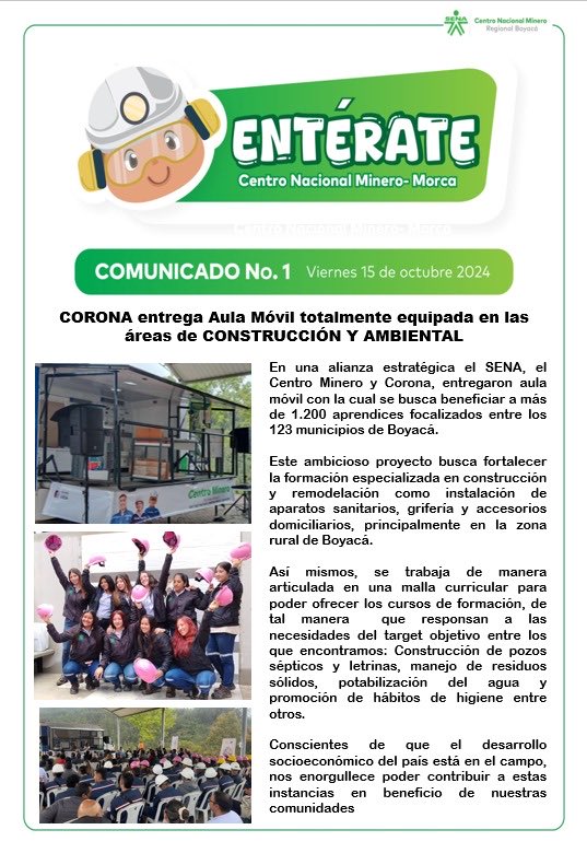 CNTR_NAL_MINERO's tweet photo. Nace nuestro #Enterate para que no te pierdas detalle de todo lo bueno qué pasa en el Centro Nacional Minero y que tiene que ver contigo aprendiz, instructor, funcionario, empresario y amigo del ⁦@SENAComunica⁩ ⁦@JorgeELondonoU⁩ ⁦@SENABoyaca⁩ https://t.co/PgTqilTMIG