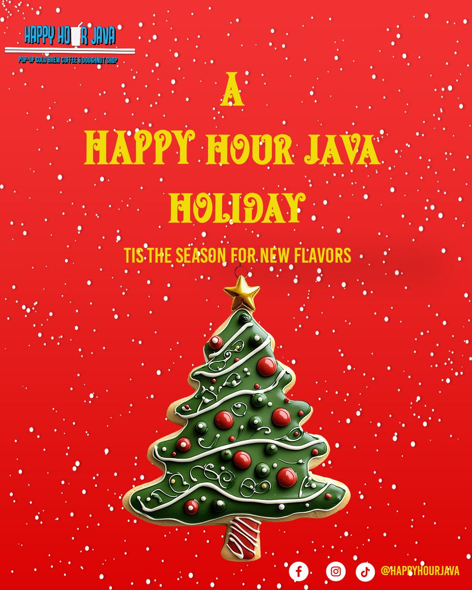 HappyHourJava's tweet photo. TIS THE SEASON FOR NEW FLAVORS!🎄 Starting next week, we'll be revealing the new flavor doughnuts, cold brew, and refreshers you’ll be seeing on our Christmas menu. Are you as excited as we are? A Happy Hour Java Holiday is on the way!🎁 https://t.co/7MtokhCqWe