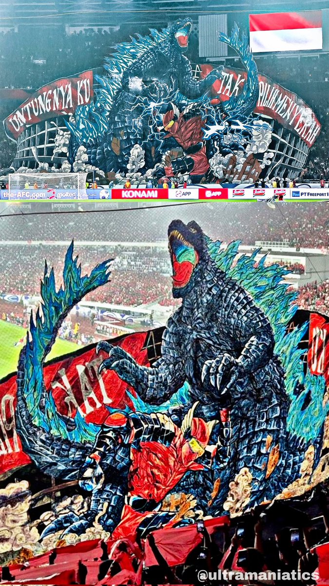 Ultramaniatics's tweet photo. Indonesia 🇮🇩
vs
Japan 🇯🇵 
Gundala vs Godzilla tifo
https://t.co/Oy3G1rVSZg
15.11 https://t.co/95El0LFPBO