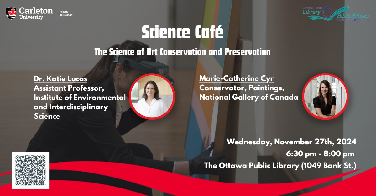 Carleton Science (@carletonscience) on Twitter photo Discover the science behind preserving art at our Science Café! Carleton’s Dr. Katie Lucas & National Gallery’s Marie-Catherine Cyr will reveal how chemistry, biology & engineering protect Indigenous & Canadian art for future generations. 
Register: shorturl.at/gVRw1 Discover the science behind preserving art at our Science Café! Carleton’s Dr. Katie Lucas & National Gallery’s Marie-Catherine Cyr will reveal how chemistry, biology & engineering protect Indigenous & Canadian art for future generations. 
Register: shorturl.at/gVRw1