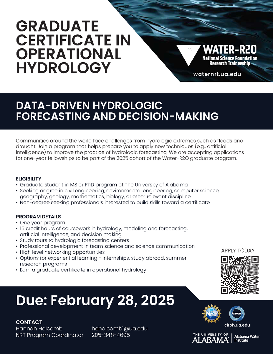 AlabamaWater's tweet photo. Applications for our NSF Water-R2O NRT program are now live! 💧 Apply for the Graduate Student Fellowship and Graduate Certificate in Operational Hydrology for the 2025 cohort by visiting https://t.co/jjOClch65n.

@UAGradSchool https://t.co/42V7RuLk1x