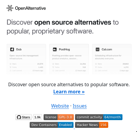 tom_doerr's tweet photo. "A community driven list of open source alternatives to proprietary software and applications." https://t.co/ZZJUooKj3X