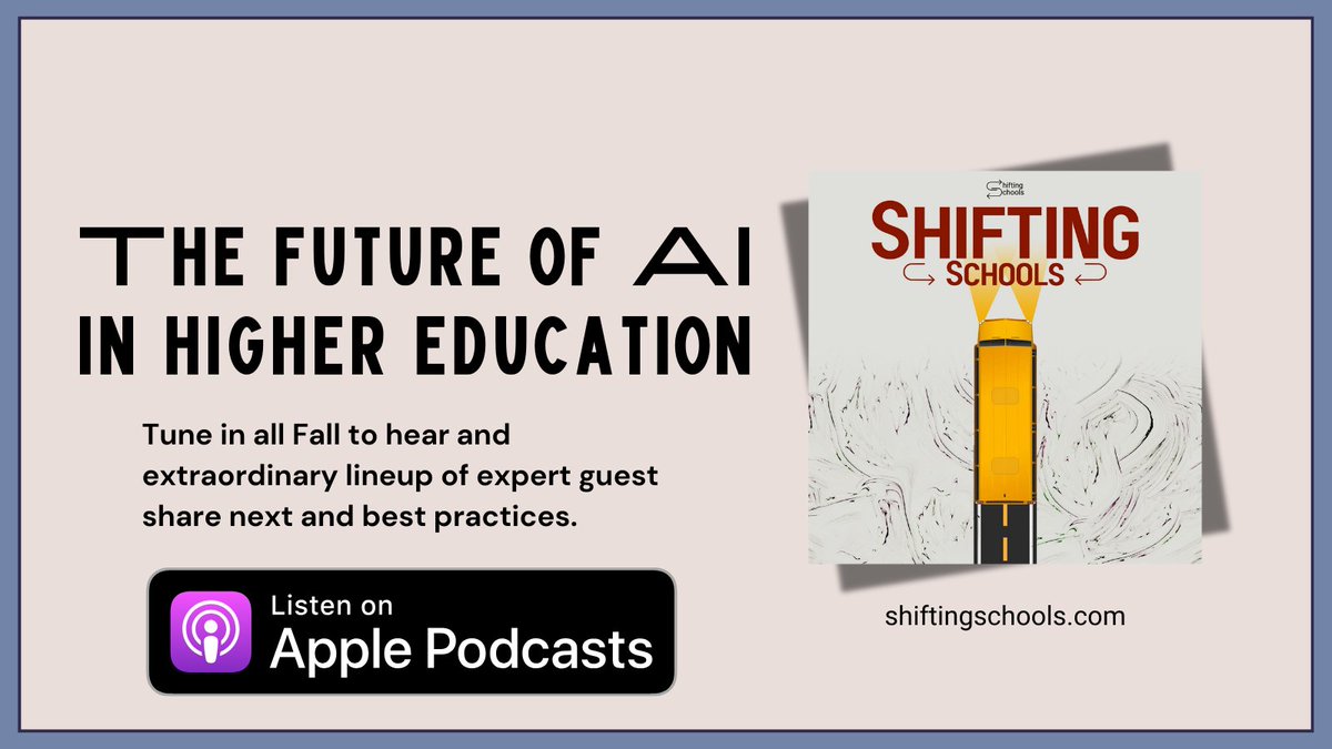 Jeff Utecht (@jutecht) on Twitter photo Catch a new convo every Monday this Fall and learn more about how #HigherED is experimenting with #AI. pod.shiftingschools.com Catch a new convo every Monday this Fall and learn more about how #HigherED is experimenting with #AI. pod.shiftingschools.com