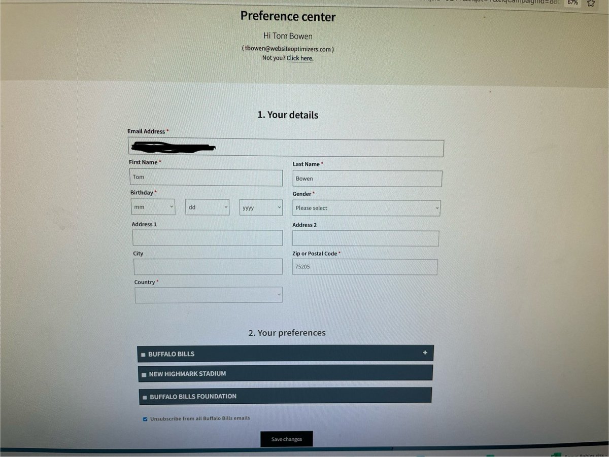 WSOMarketing's tweet image. Hey @BuffaloBills, what kind of business makes me give you my birthdate and other really personal information just to unsubscribe from your mailing list? Especially when I never subscribed in the first place! #TerribleUX ⁦@NNgroup⁩