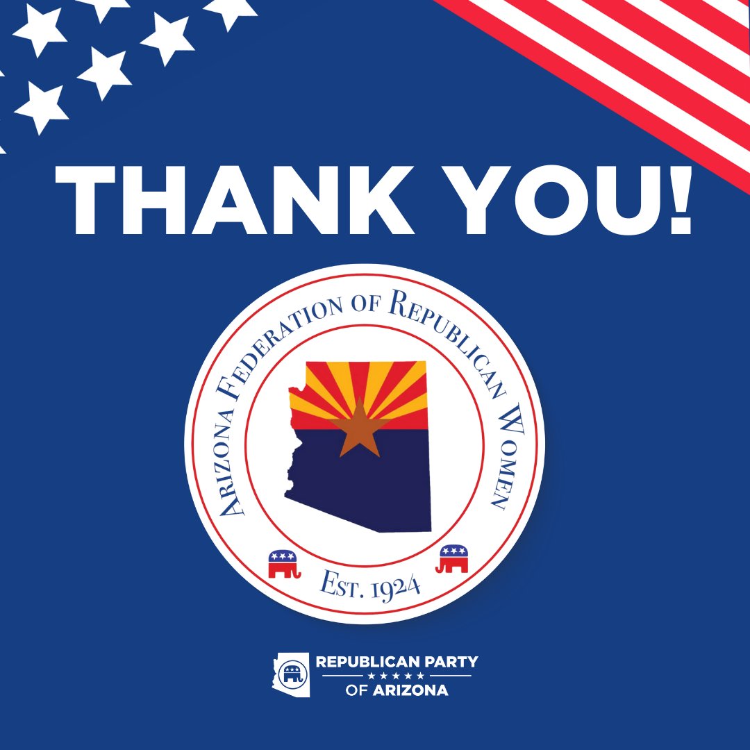 Republican Party of Arizona (@azgop) on Twitter photo A huge thank you to the Arizona Federation of Republican Women <a href="/AzFRW/">AZ Republican Women</a> and all the incredible clubs across the state!
Your efforts to engage and empower voters were instrumental in driving support for our candidates up and down the ballot. Thank you for all of your hard work! A huge thank you to the Arizona Federation of Republican Women <a href="/AzFRW/">AZ Republican Women</a> and all the incredible clubs across the state!
Your efforts to engage and empower voters were instrumental in driving support for our candidates up and down the ballot. Thank you for all of your hard work!