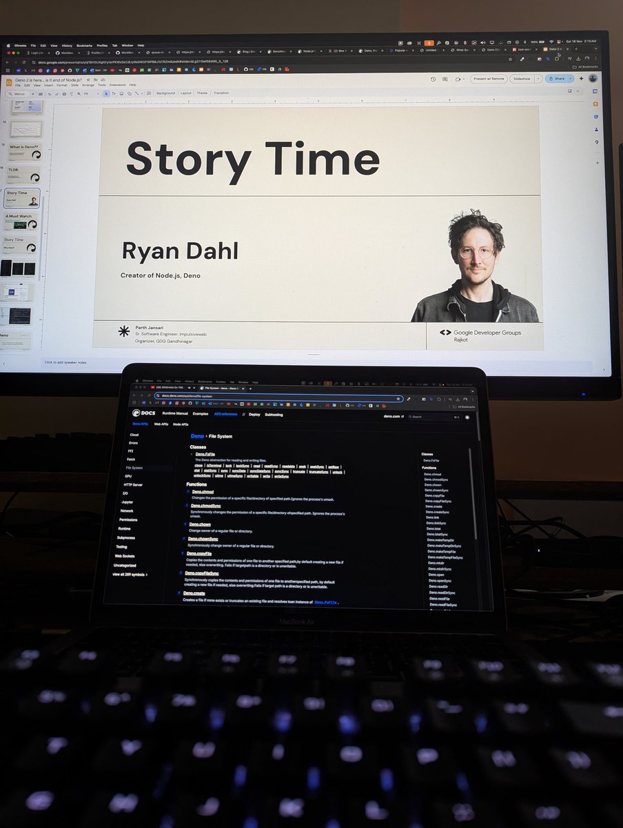 jansariparth's tweet image. Prepping slides for talk on @deno_land at @GDGRajkot #devfestrajkot @rough__sea looking dank af in slides