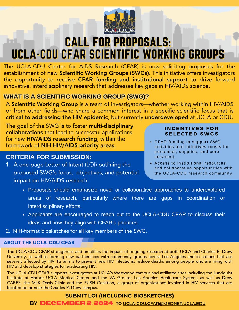 CHIPTS's tweet photo. The UCLA & CDU #CFAR is now soliciting proposals for the new Scientific Working Groups. These SWGs offers investigators the opportunity to receive CFAR funding and support to drive forward innovative, interdisciplinary research in #HIV. Submission deadline is December 2, 2024. https://t.co/YyPAASX2fV