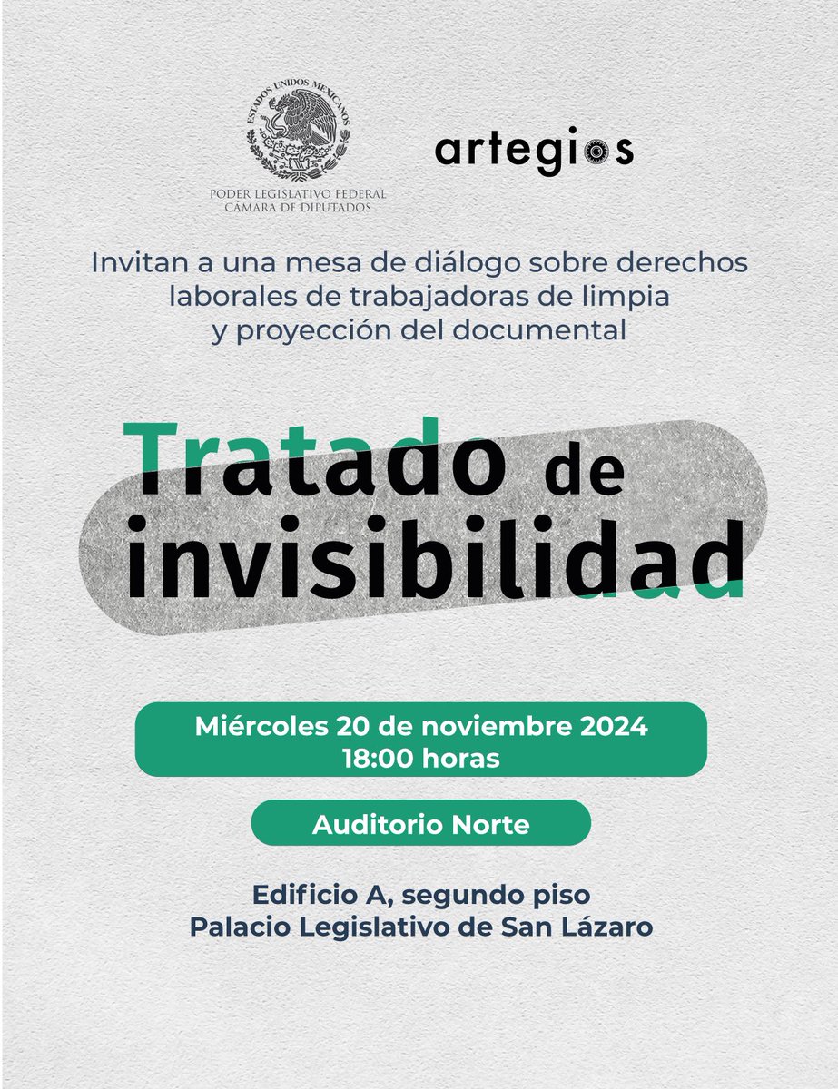 PatriciaMercado's tweet photo. Las trabajadoras de limpia viven situaciones de precariedad laboral tan grandes y tan normalizadas, que simplemente dejamos de verlas como sociedad y como autoridades.

Vamos a proyectar “Tratado de invisibilidad” el próximo miércoles en @Mx_Diputados y a dialogar sobre posibles soluciones con las mismas trabajadoras y la directora del documental, @lucianakaplan.

Quienes deseen asistir, favor de registrarse en:  https://t.co/hssXMT6UAz

#NoSoyInvisible