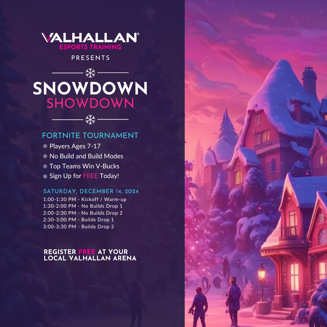 ❄️🎮 Fortnite fans, ready to compete? The Snowdown Showdown is landing at Valhallan arenas on Dec 14! 💻

✔️ V-Bucks prizes
✔️ Pro-grade PCs
✔️ Expert coaching
✔️ FREE for all

Find your local arena &amp; register today 👉buff.ly/3YTftpa 

#ValhallanEsports #SnowdownShowdown