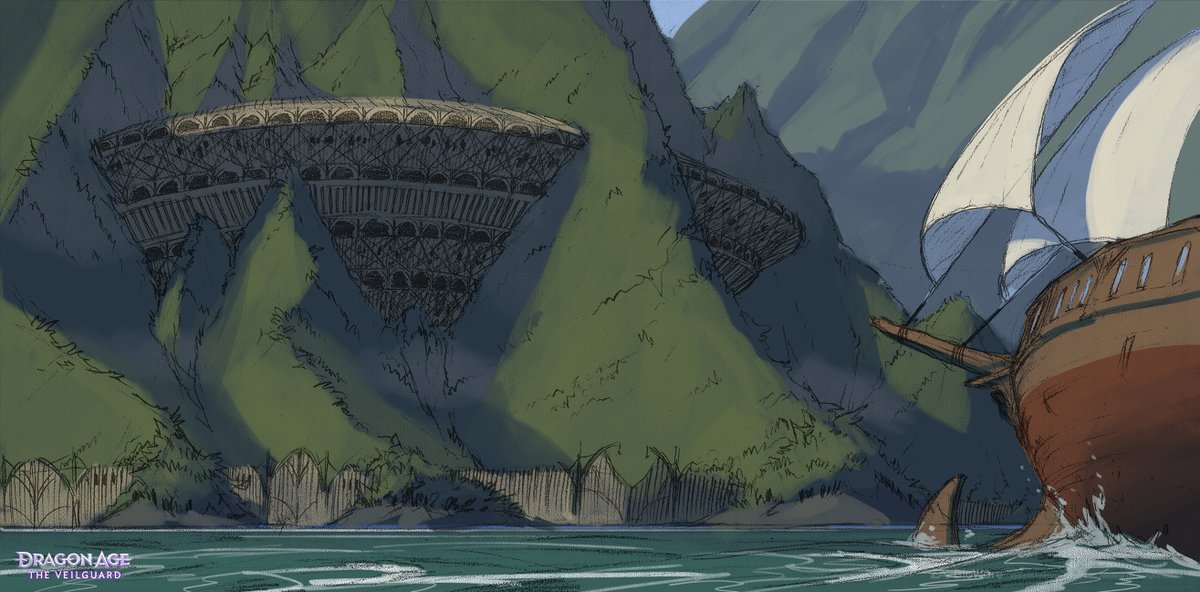 mattrhodesart's tweet photo. Veilguard 
In the early days, this was all just fun speculation. I thought that since we were heading north to Tevinter, it would be cool if we also visited Par Vollen, the home of the Qunari. I tried to create a contrast between a tropical climate, and abnormal ice flows. Whether the Qunari were able to somehow hold back the cold, or the cold was an anomaly was all up for grabs.
Also included:
-Seheron, a contended island at the north of the Nocen sea.
-Exterior sketch of a Qunari "hive" style fortress
-Interior sketch of a Qunari "hive" style fortress