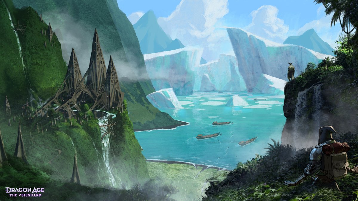 mattrhodesart's tweet photo. Veilguard 
In the early days, this was all just fun speculation. I thought that since we were heading north to Tevinter, it would be cool if we also visited Par Vollen, the home of the Qunari. I tried to create a contrast between a tropical climate, and abnormal ice flows. Whether the Qunari were able to somehow hold back the cold, or the cold was an anomaly was all up for grabs.
Also included:
-Seheron, a contended island at the north of the Nocen sea.
-Exterior sketch of a Qunari "hive" style fortress
-Interior sketch of a Qunari "hive" style fortress