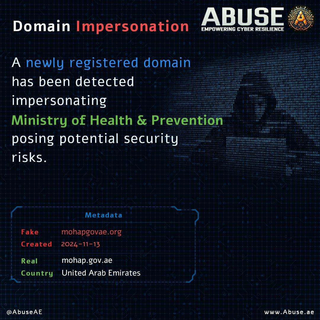 AbuseAE's tweet photo. A newly Registered domain has been detected impersonating Ministry of Health &amp; Prevention posing potential security risk.
Fake site: https://t.co/aq8KBf1SDt

#phishing #impersonation #AbuDhabi #abuse #domain #Website https://t.co/4iX7oKl175