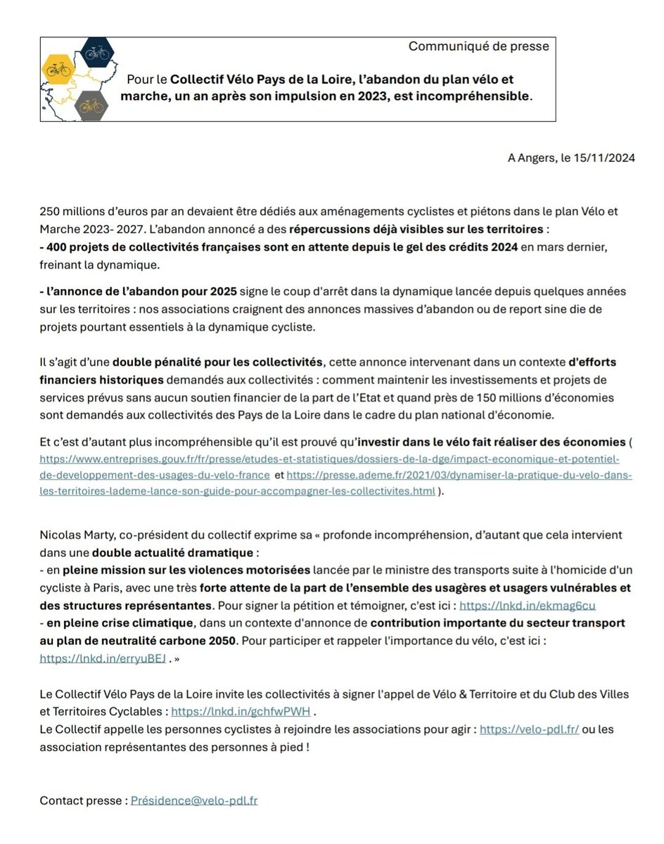 VeloPdl's tweet photo. L'abandon du plan vélo et marche est incompréhensible !

Notre communiqué de presse a télécharger ici : https://t.co/Zjzo1362Kk

@OuestFrance @RCFANJOU @RCFVendee @courrierouest @AngersVillactu @NantesVillactu @RCFSarthe https://t.co/eLQhcBTHYK