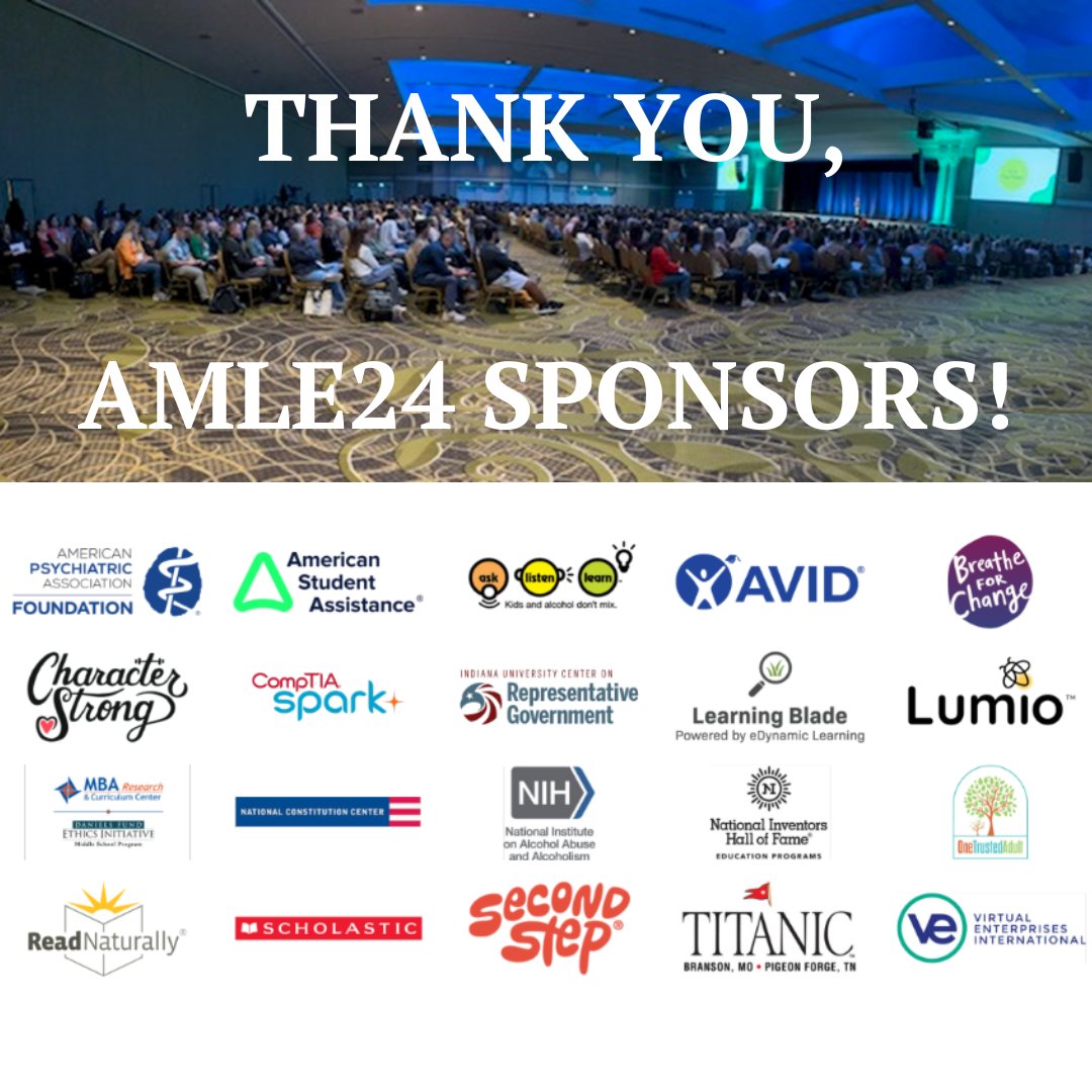 AMLE (@amle) on Twitter photo Thank you, sponsors of AMLE's 51st Annual Conference for Middle Level Education! 🌟
#amle24 <a href="/PsychFoundation/">APA Foundation</a> <a href="/ASA_Impact/">American Student Assistance</a> <a href="/AskListenLearn/">Ask, Listen, Learn</a> <a href="/AVID4College/">AVID</a> <a href="/Breathe4Change_/">Breathe For Change</a> <a href="/CharacterStrong/">CharacterStrong</a> @comptiaspark <a href="/CenterOnRepGovt/">Center on Representative Government at IU</a> <a href="/LearningBlade/">Learning Blade</a> Thank you, sponsors of AMLE's 51st Annual Conference for Middle Level Education! 🌟
#amle24 <a href="/PsychFoundation/">APA Foundation</a> <a href="/ASA_Impact/">American Student Assistance</a> <a href="/AskListenLearn/">Ask, Listen, Learn</a> <a href="/AVID4College/">AVID</a> <a href="/Breathe4Change_/">Breathe For Change</a> <a href="/CharacterStrong/">CharacterStrong</a> @comptiaspark <a href="/CenterOnRepGovt/">Center on Representative Government at IU</a> <a href="/LearningBlade/">Learning Blade</a>
