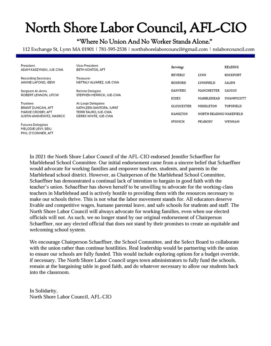 A statement from the North Shore Labor Council on School Committee Chairperson Schaeffner and the ongoing teacher's strike in Marblehead :