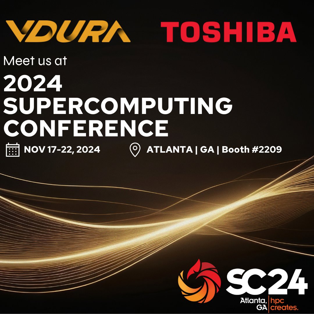 Visit the VDURA booth 2209 at #SC24 in Atlanta, Georgia, Nov 17-22 to discover how our MG Series Enterprise HDDs are used in Vdura’s Data Platform to help shape the future of AI, HPC &amp; Storage
#Toshiba #SC24, #DataStorage, #Supercomputing #AI, #HPC, #EnterpriseHDD, #Cloudstorage
