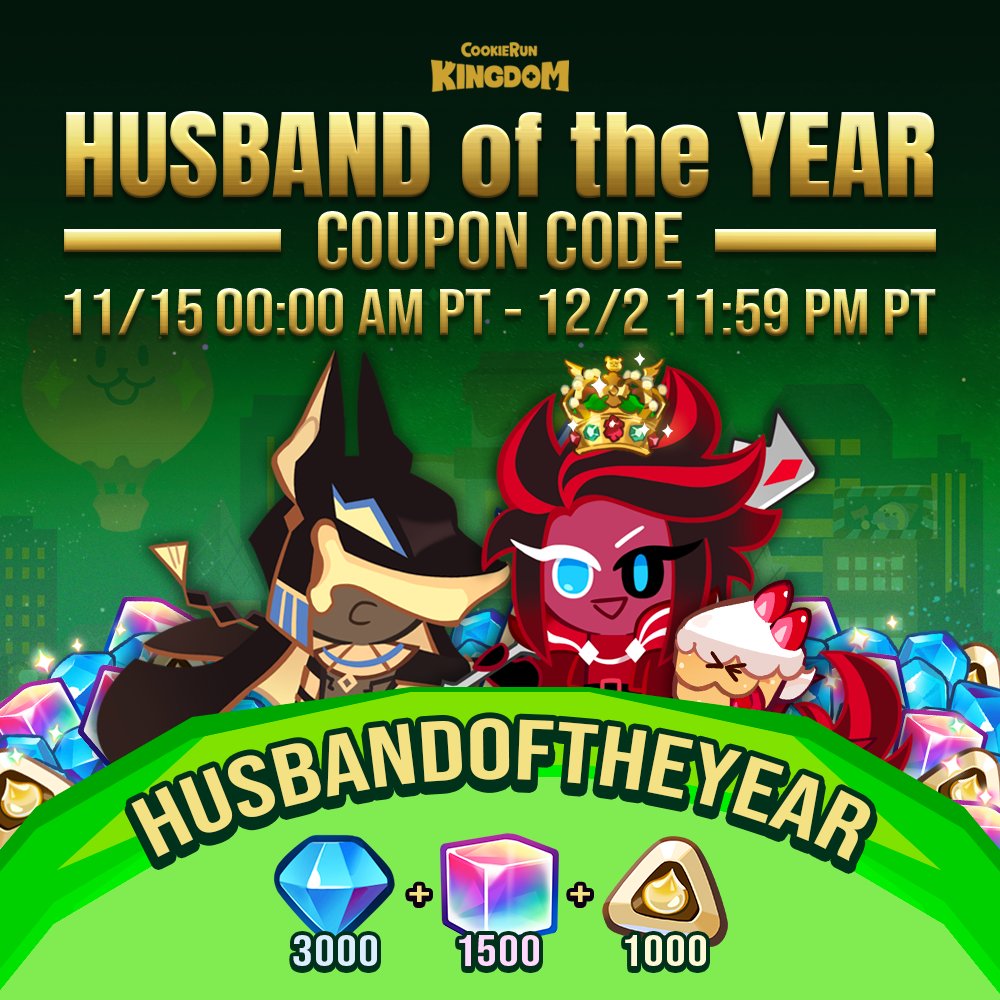 CRKingdomEN's tweet photo. YOUR #HusbandOfTheYear2024 IS #RedVelvetCookie! 👑🍰🐕

Thank you everyone for your participation and cheering on your favorite Cookies! We received over 800,000 votes which means... REWARDS FOR ALL! 🥳

🎫 HUSBANDOFTHEYEAR (Crystals x3000, Rainbow Cubes x1000, Choco Chalks x1000)
📅 Valid until: December 2, 2024, 11:59 PM PT
🔔 https://t.co/gBOAb1W6Zy 

#CookieRun #CookieRunKingdom #CRK #HusbandOfTheYear #BurntCheeseCookie