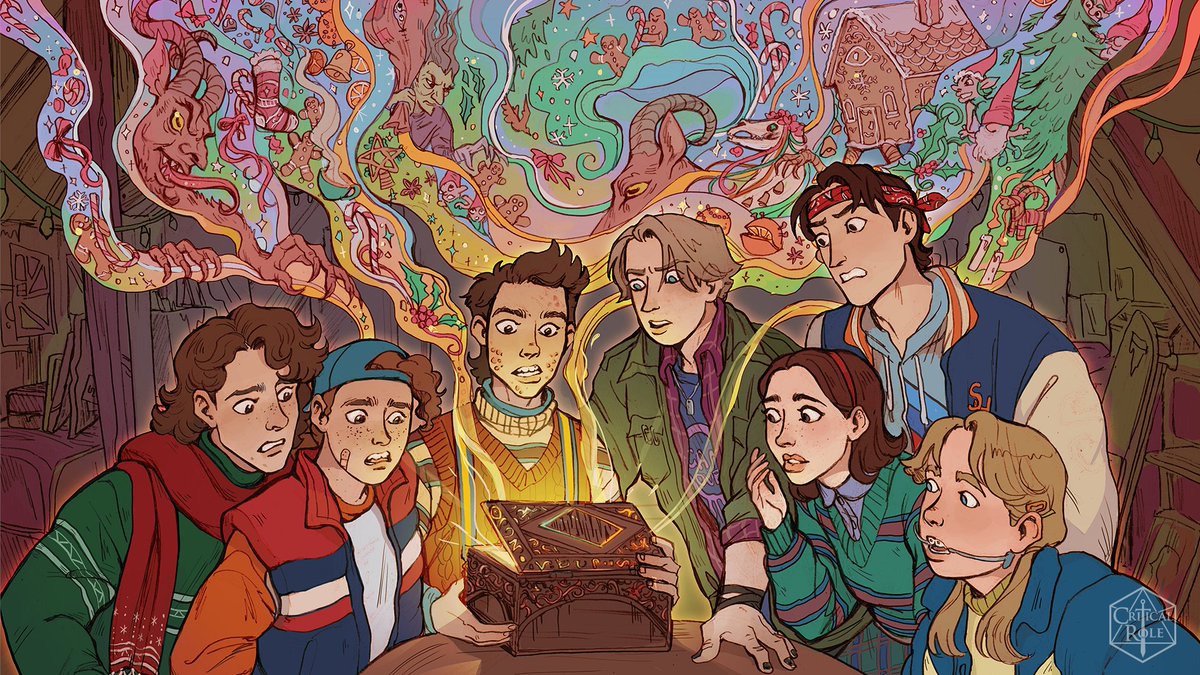 CriticalRole's tweet photo. 🎄🕹️TAKING IT BACK TO 1985 📺🎲

The dice have been rolled: We’re heading to Springvale Springs for some radical retro holiday mischief, and you’re invited along for the adventure!

Check out the cast's freshly revealed art for our upcoming #Daggerheart Critmas LIVE show Dec. 7th at the @Freedom_Pav, inspired by their Campaign 2 opening title characters!

Find tickets below or join us on BEACON, Twitch & YouTube Dec. 19th 🎟️ 
https://t.co/kVes4nnCWn

[Art by @may12324 🎨]