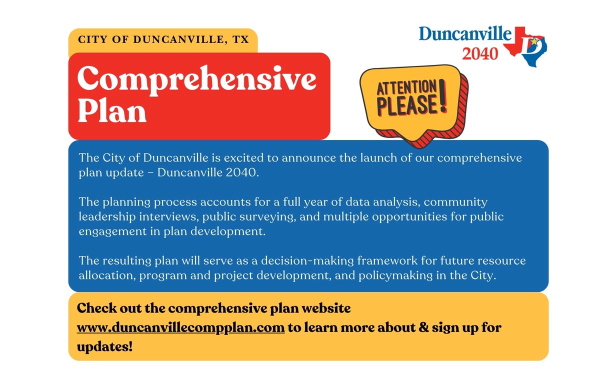 The City of Duncanville is developing its comprehensive plan - a strategic look at the next 15 - 20 years in our community. Check out the comprehensive plan website at duncanvillecompplan.com to learn more! #CityOfDuncanville #DuncanvilleTX #CityOfChampions