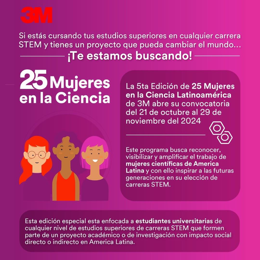 👷‍♀️👩‍🔬3M te invita a participar en la 5ta edición de “25 Mujeres en la Ciencia” en América Latina, una iniciativa que busca reconocer y visibilizar el trabajo de mujeres en ciencia, tecnología, ingeniería, arte y matemáticas.

🔗 Más información en: s.3m.com/oypp8awm