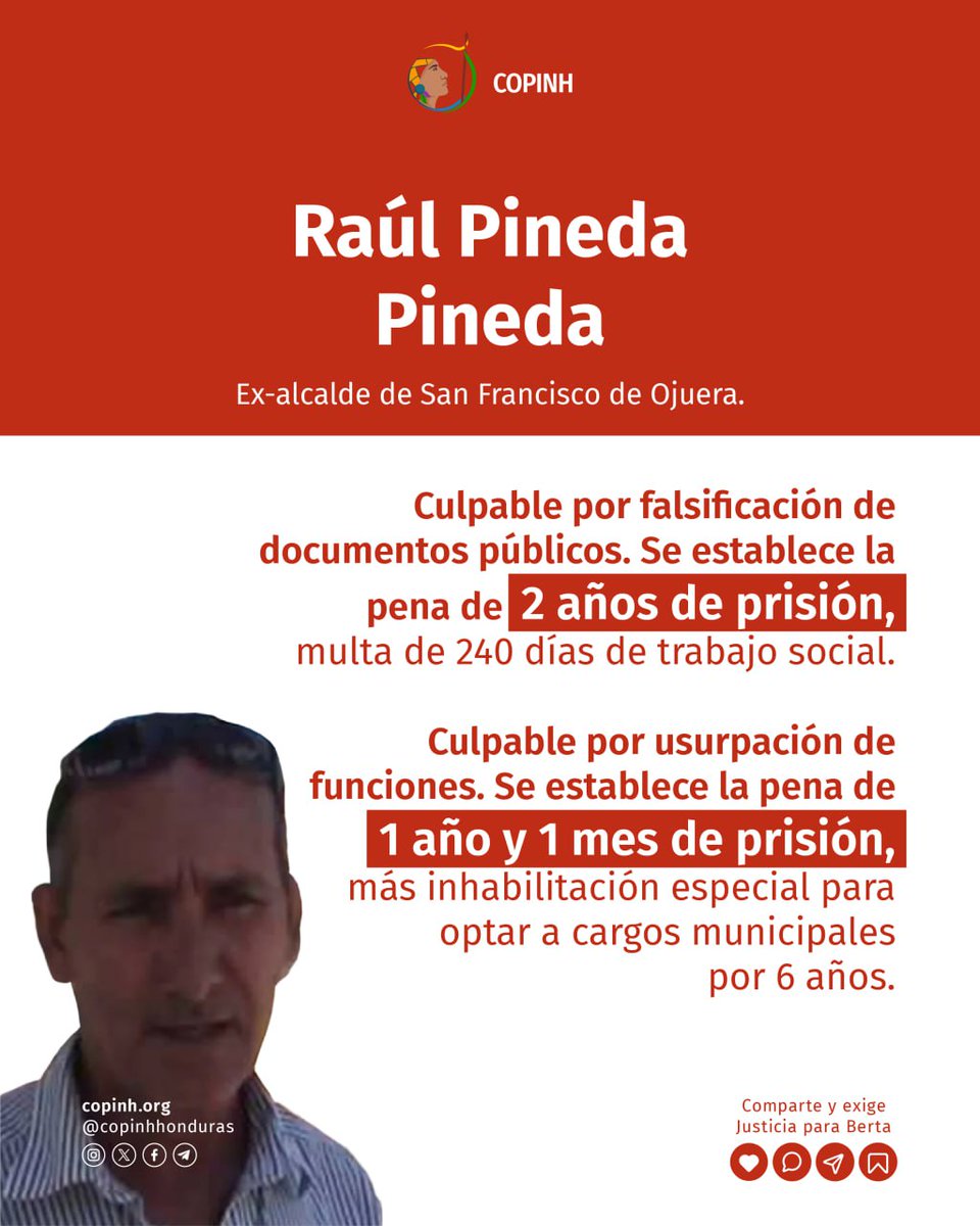 nicaraguaymas's tweet photo. Condenados a 5 años de cárcel los involucrados en el caso "Fraude sobre el Gualcarque": David Castillo ex gerente DESA (coautor asesinato #BertaCaceres), Carolina Castillo ex funcionaria ENEE, Raúl Pineda ex alcalde San Fco. Ojuera
#JusticiaParaBerta #DesaCulpable
#FaltanLosAtala https://t.co/YaLPNYcnPh
